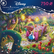 Mad Hatter Tea Party - 750 Piece Puzzle - Colorful 750-piece puzzle featuring Mad Hatter Tea Party scene with vibrant garden, whimsical characters, and glowing.