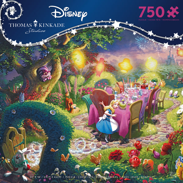 Mad Hatter Tea Party - 750 Piece Puzzle - Colorful 750-piece puzzle featuring Mad Hatter Tea Party scene with vibrant garden, whimsical characters, and glowing.