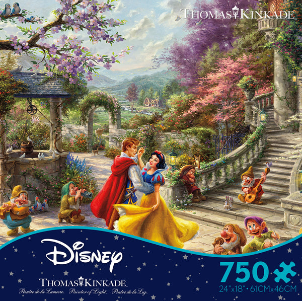 Snow White Sunlight - 750 Piece Puzzle - 750-piece Disney puzzle featuring Snow White dancing with the Prince in a vibrant, colorful garden scene surrounded by the.
