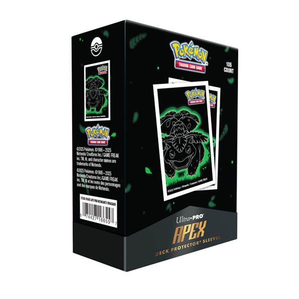 Apex Deck Protectors - Pokémon Neon Kanto - Venusaur (105ct) - Black box packaging featuring neon green Venusaur artwork, containing 105 Pokémon-themed deck protectors.