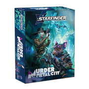 Starfinder 2E: Murder in Metal City Deluxe Adventure - Starfinder Murder in Metal City Deluxe Adventure box with futuristic detective and armored rat artwork in blue and purple.
