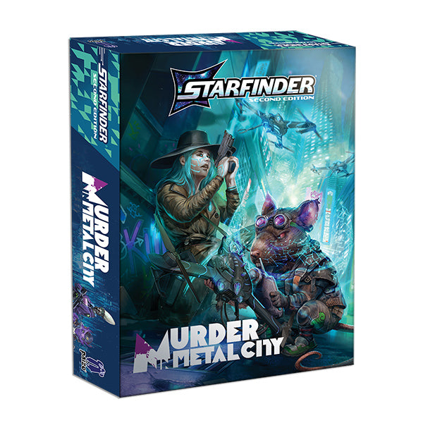 Starfinder 2E: Murder in Metal City Deluxe Adventure - Starfinder Murder in Metal City Deluxe Adventure box with futuristic detective and armored rat artwork in blue and purple.