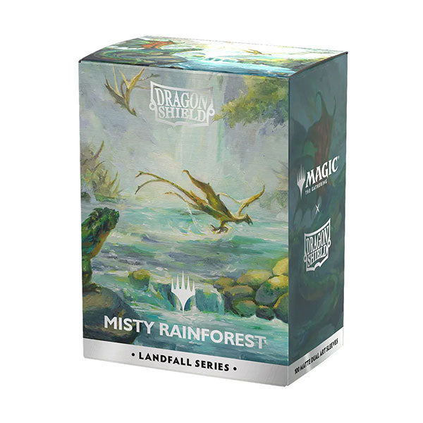 Dragon Shield Standard Dual Matte Art Sleeves 100ct - MTG Landfall Series - Misty Rainforest (PREORDER) - Rectangular box of Dragon Shield card sleeves with misty rainforest artwork featuring a flying dragon, lush greenery, and.