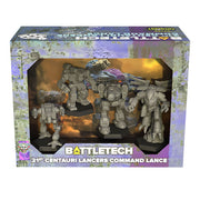 BattleTech: 21st Centauri Lancers Command Lance (PREORDER) - Set of five detailed gray plastic BattleTech mech miniatures in various dynamic poses inside a camo-patterned display box.