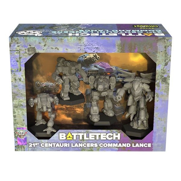BattleTech: 21st Centauri Lancers Command Lance (PREORDER) - Set of five detailed gray plastic BattleTech mech miniatures in various dynamic poses inside a camo-patterned display box.