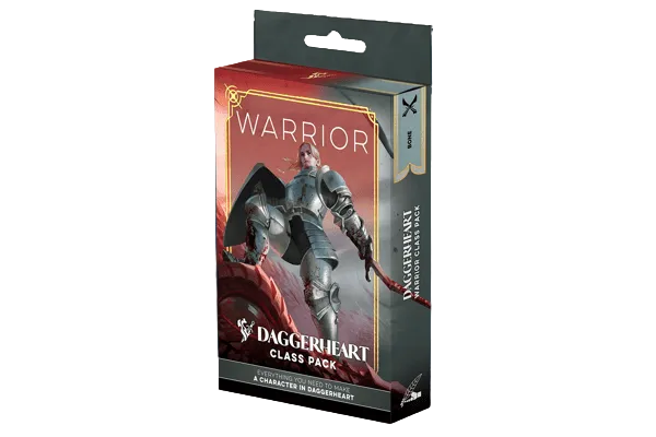 Daggerheart RPG: Class Pack - Warrior (PREORDER) - Fantasy-themed card pack with a warrior in silver armor wielding a sword against a red background for Daggerheart RPG.