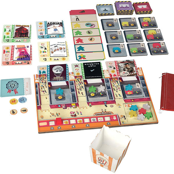 Popcorn - Board game setup with illustrated cards, colorful meeples, tokens, scoreboards, and a popcorn-themed game board and.