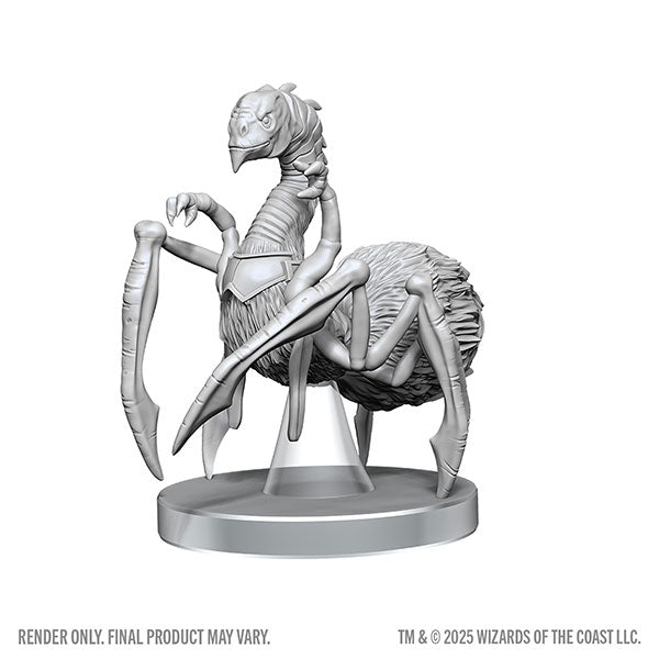 D&D Nolzur's Marvelous Miniatures: Neogi & Space Eel - Unpainted gray plastic miniature featuring a spider-like creature with a bulbous abdomen and long, spindly legs and arms.
