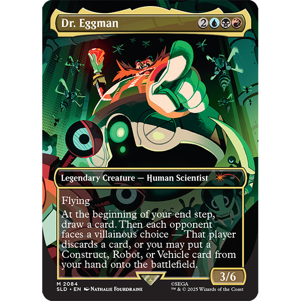 MTG: Secret Lair X Sonic- Friends and Foes, Nonfoil - Magic The Gathering card featuring Dr. Eggman, green and black borders, colorful animated character pointing forward, text.