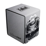Deckbox: Alcove Flip 100+ Premium Fallout- Brotherhood of Steel - Gray rectangular deck box with Fallout logo on top and detailed black and white Brotherhood of Steel helmet illustration on.