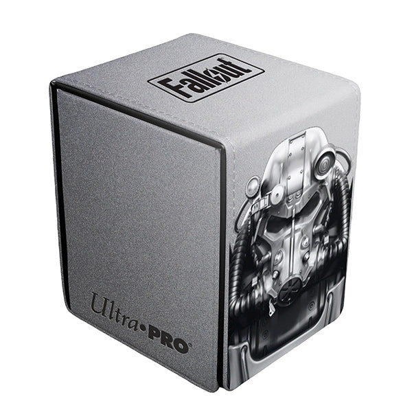 Deckbox: Alcove Flip 100+ Premium Fallout- Brotherhood of Steel - Gray rectangular deck box with Fallout logo on top and detailed black and white Brotherhood of Steel helmet illustration on.