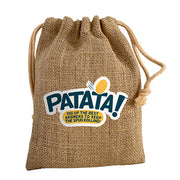 Patata! Family - Brown burlap drawstring bag with colorful "Patata!" logo and playful potato graphic on front.