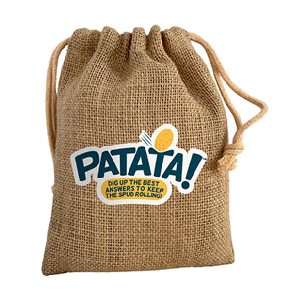 Patata! Family - Brown burlap drawstring bag with colorful "Patata!" logo and playful potato graphic on front.