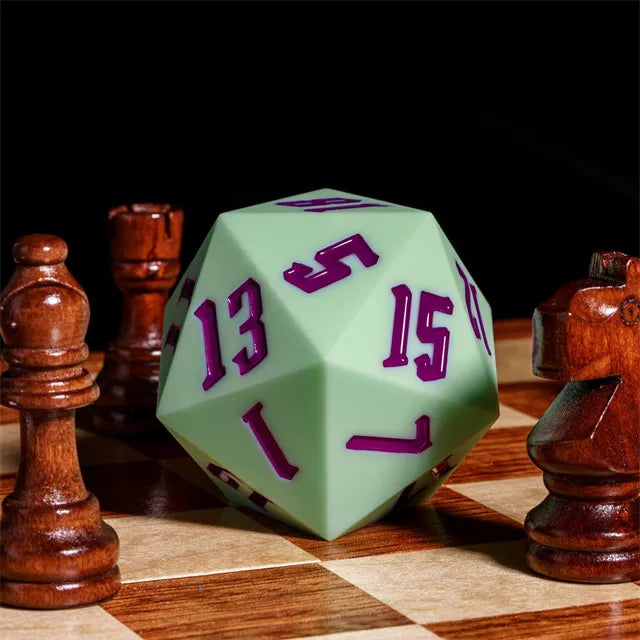Giant Bouncy D20 - Light Green - Light green giant 20-sided bouncy dice with purple numbers on a wooden chessboard surrounded by wooden chess pieces.