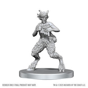 D&D Nolzur's Marvelous Miniatures: Satyr & Dryad - Unpainted gray plastic miniature of a satyr playing panpipes with goat legs, horns, and pointed ears on a round base.