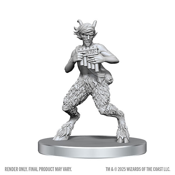 D&D Nolzur's Marvelous Miniatures: Satyr & Dryad - Unpainted gray plastic miniature of a satyr playing panpipes with goat legs, horns, and pointed ears on a round base.
