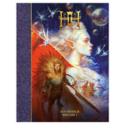 Household RPG - Fantasy-themed RPG book cover with a white-haired elf, winged creatures, and a lion-headed warrior on a dark cosmic.