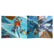 Outgunned: Director Screen - Folded game director screen featuring dynamic comic-style art with characters falling in an action-packed urban scene.