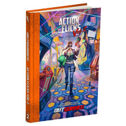 Outgunned: Action Flicks: Volume 2 - Colorful RPG book with a female action hero holding a helmet on a neon-lit arcade background.