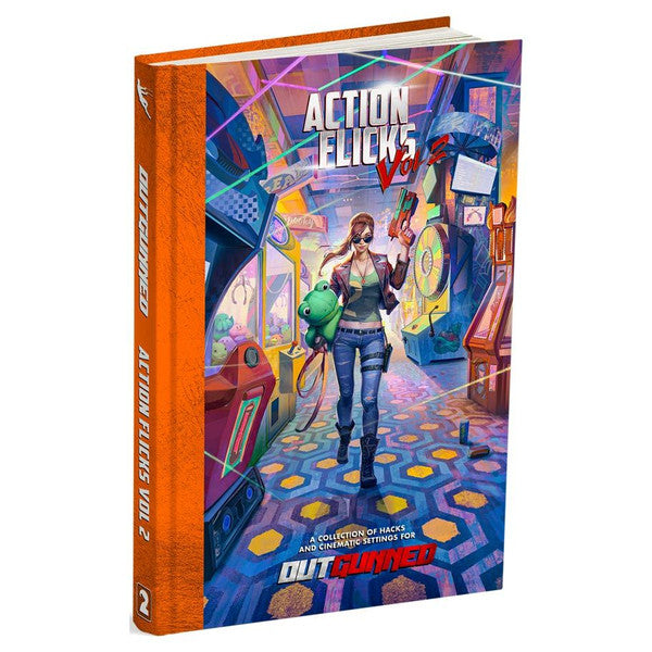Outgunned: Action Flicks: Volume 2 - Colorful RPG book with a female action hero holding a helmet on a neon-lit arcade background.