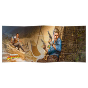 Outgunned Adventure: GM Screen - Three-panel GM screen with vibrant adventure artwork showing two characters exploring a temple, featuring stone carvings and