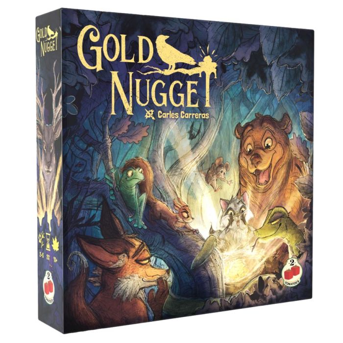 Gold Nugget - Dark-themed board game box with illustrated animals discovering glowing gold nuggets.