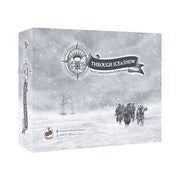 Through Ice and Snow - Rectangular board game box with a snowy landscape, featuring a group of explorers and a compass logo with the title "Through