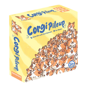 Corgi Pileup - Yellow card game box featuring a large pile of illustrated smiling corgis with orange and white fur.