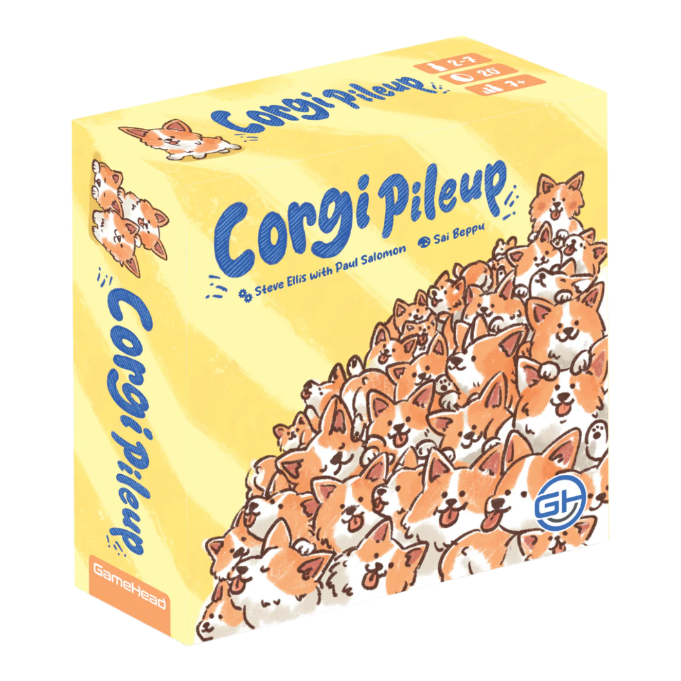Corgi Pileup - Yellow card game box featuring a large pile of illustrated smiling corgis with orange and white fur.