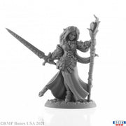 Lysette, Elven Mage - Gray resin miniature of an elven mage holding a detailed sword and an ornate staff with a flame-shaped tip.