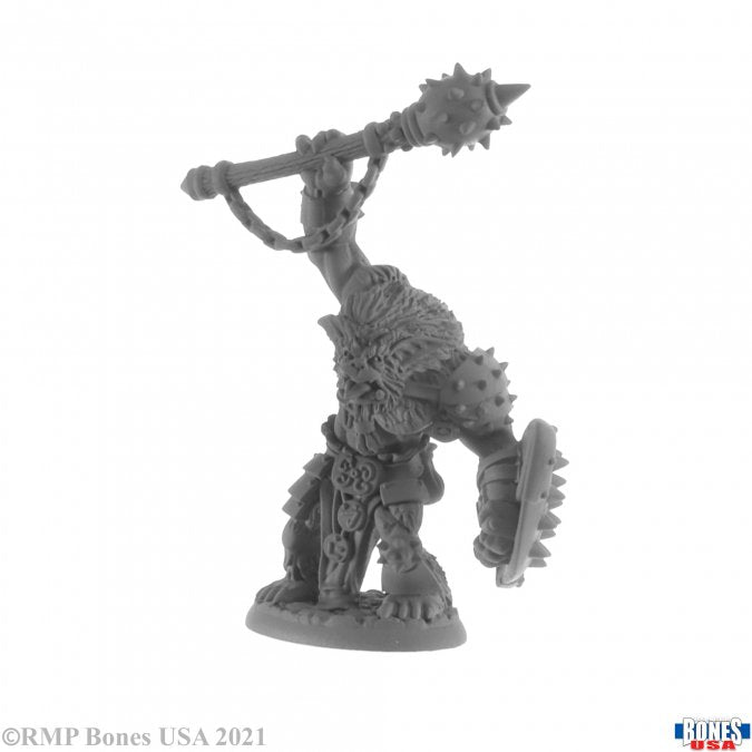Bhonk, Bugbear Chieftain - Gray unpainted bugbear miniature wielding a spiked mace and round spiked shield in battle stance.