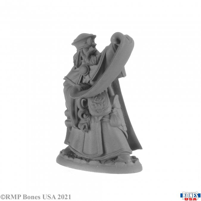 Damras Deveril, Wizard - Gray unpainted miniature of a wizard holding a large scroll, wearing a pointed hat and robe with satchel.