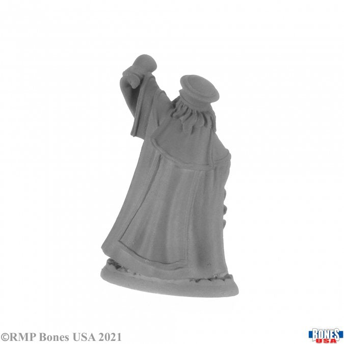Damras Deveril, Wizard - Unpainted gray plastic miniature of a wizard in flowing robes with raised arm and wide-brimmed hat.