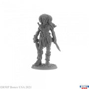 Fillyjonk, Hellborn Rogue - Detailed gray resin miniature of a fantasy rogue with curly hair, leather armor, and a curved dagger.