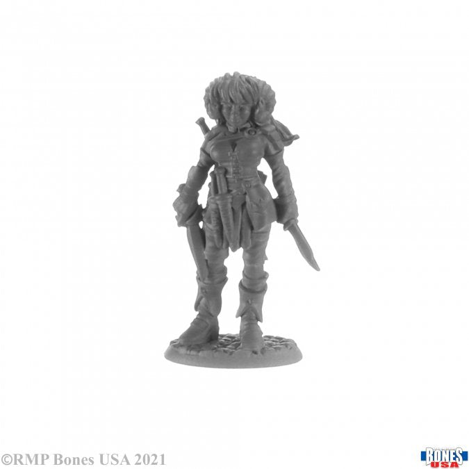 Fillyjonk, Hellborn Rogue - Detailed gray resin miniature of a fantasy rogue with curly hair, leather armor, and a curved dagger.