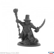 Arkus Harn, Dwarf Witch Hunter - Detailed miniature of a dwarf witch hunter with a wide-brimmed hat, holding a skull-tipped staff and curved sword, standing.