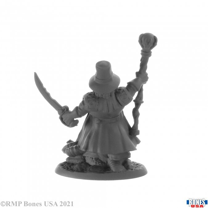 Arkus Harn, Dwarf Witch Hunter - Unpainted miniature of dwarf witch hunter in cloak and hat holding curved sword and staff with skull topper.