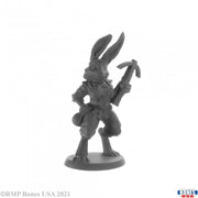 Enrieth, Female Harefolk Rogue - Gray resin miniature of a female harefolk rogue holding a curved dagger and crouching on a round base.