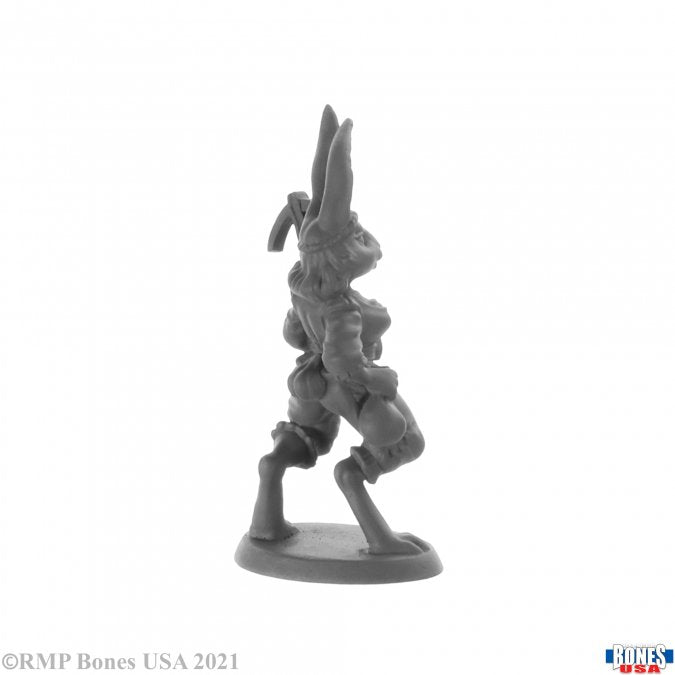 Enrieth, Female Harefolk Rogue - Unpainted gray resin miniature of a standing female harefolk rogue with long ears and detailed clothing.