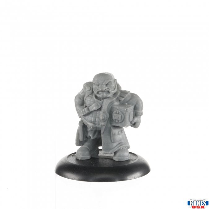 Sansavar Chung, Viceroy - Gray miniature fantasy warrior figurine in heavy armor holding a shield, on a black round base.