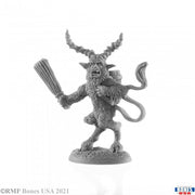 Krampus - Detailed gray resin miniature of Krampus creature with twisted horns, holding a bundle of sticks and chains, standing on.