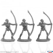 Skeletal Archers (3) - Three gray plastic skeletal archers with bows in dynamic aiming poses on textured bases.