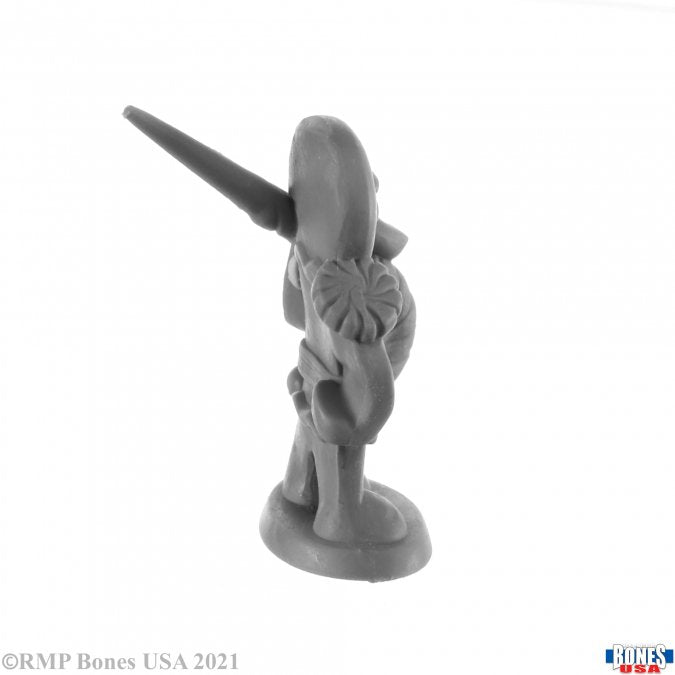 Gingerbread Knight - Unpainted gray resin miniature of a fantasy knight wielding a lance with a heraldic emblem on shield.