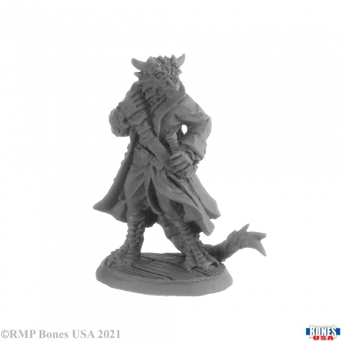 Captain Blackscale, Dragonfolk Pirate - Gray unpainted dragonfolk pirate miniature in long coat with spiked tail and detailed scales, standing on round base.