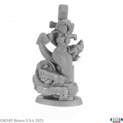 The Drunken Mermaid - Gray resin fantasy miniature of a mermaid leaning on a large anchor with a bottle labeled "Drunken" at her base.
