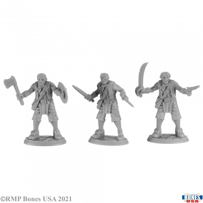 Build-a-Figure Modular Pirate (3) - Three unpainted gray plastic pirate miniatures holding weapons including an axe, sword, and cutlass in dynamic poses.