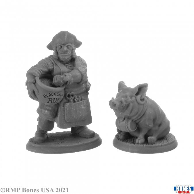 Stumpy Dan McGinty and Grog Hog - Gray unpainted miniature figure of a man holding a bucket labeled "Grog Rum" next to a small pig on round bases.