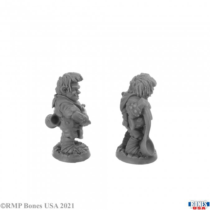 Chop and Grub, Halfling Cooks - Unpainted gray resin miniature of a halfling cook wearing apron and carrying a cooking pot and utensils.