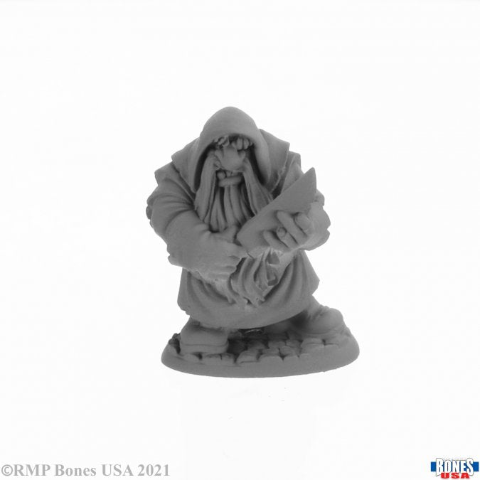 Nub, Dwarf Sausage Maker - Gray unpainted miniature of a dwarf figure holding a sausage maker tool on a rocky base.