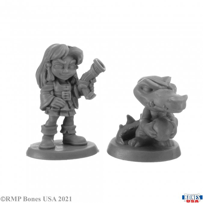 Jewels and Crossbones - Gray resin miniature of a fantasy pirate girl holding a pistol beside a small dragon on round bases.